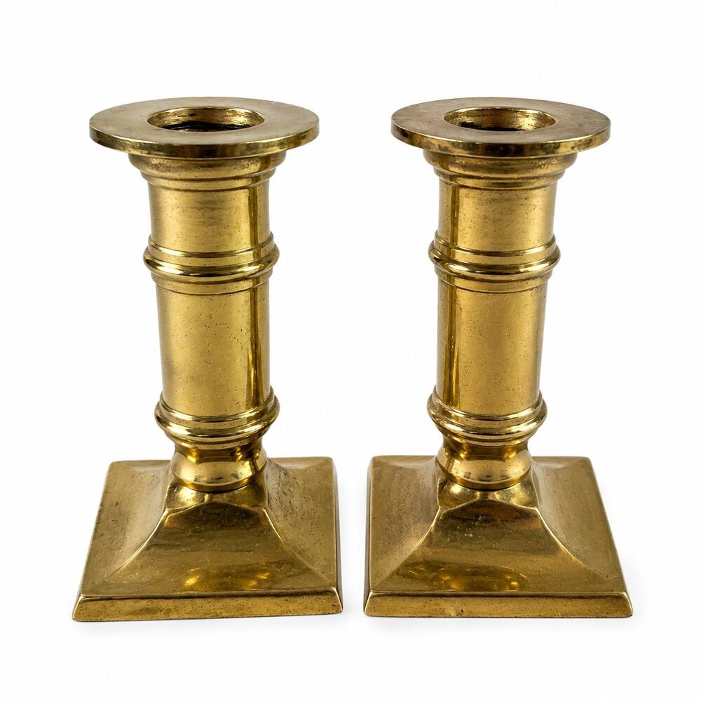Vintage Solid Brass Candlestick Holders Pair 4” Square Base Taper Candle